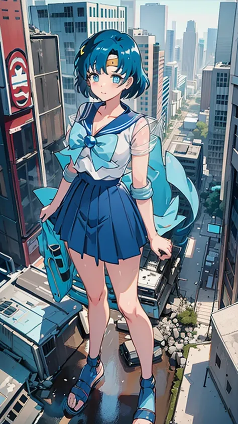 Anime style beauty masterpiece Unreal Engine precision cute girl Giant girl (Ami Mizuno in skyscraper) Short blue hair Sailor Mercury uniform ((Aerial view)) Flood Heavy rain Torrential rain Cloudy sky Dark sky Collapsed building Destroyed ((Destroyed buil...