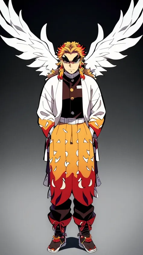 Male, Rengoku clan, wearing pilot goggles and barnstormer jacket with flame design, light stubble on chin, standing at attention, hands in pockets, fully in frame, full body shot, facing viewer, lone figure, sole person, Demon Slayer style