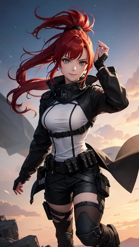 The Warrior Princess with Green Eyes, with red hair tied in a ponytail, seducing smile, wearing a black tactical overcoat with red details on the red lightning bolt emblem on the shoulder, long pants, Black boots, looking forward fearlessly and a starry se...