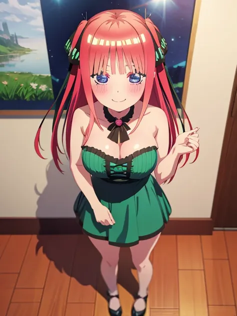 best quality, ultra-detailed masterpiece, anime art style, cute characters, nino nakano, breasts, blush, smile, full body,