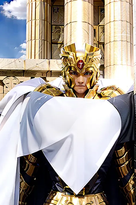 Gemini Armor, gold armor, Henry Cavill as 1boy, armor, Dramatic skies, looking at the audience, armor, Shut up, Upper Body, Serious, helmet, On the Greek temple bridge, Japanese cartoons, whole body. Go to the audience, boots