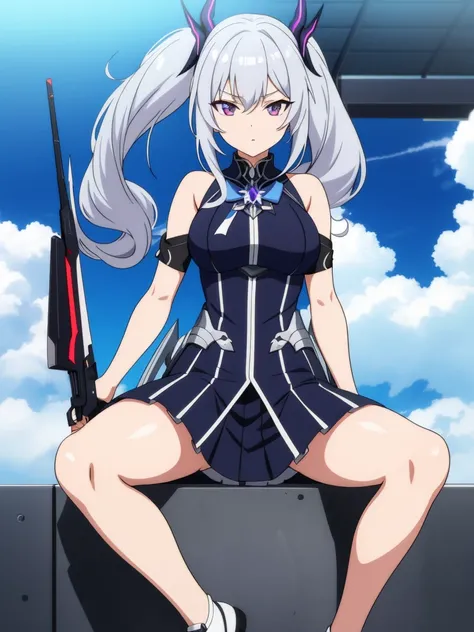 1girl, anime girl, silver hair, long twintails, silver eyes, dark blue school suit, honkai style, cool weapons