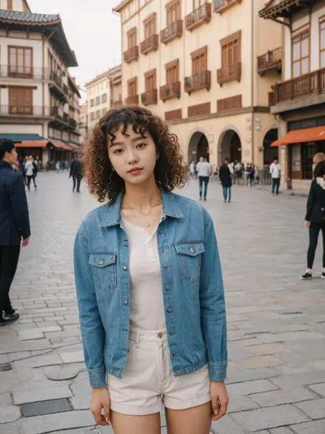 her name is Asako, high quality, 1girl, ((20-year-old fit Caucasian woman)), ((20 years old)), ((slim)), ((Korean Perm)), pose: standing, wearing aesthetic Generation-Z modern wear different colored, BACKGROUND: "In the Plaza Mayor, surrounded by grand arc...