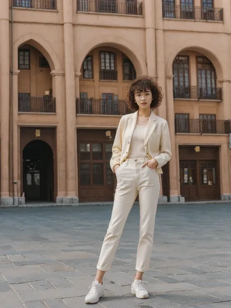 her name is Asako, high quality, 1girl, ((20-year-old fit Caucasian woman)), ((20 years old)), ((slim)), ((Korean Perm)), pose: standing, wearing aesthetic Generation-Z modern wear different colored, BACKGROUND: "In the Plaza Mayor, surrounded by grand arc...