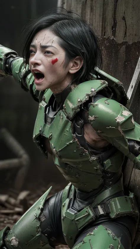 , Advanced Details, high quality, 最high quality, High resolution, 1080P 、Bleeding from the wound、Sexy Eyes、Wearing green and black、cute((The whole body is sweating))(Equipped with a damaged battle suit....)(Dark green armor)(Broken Armor)Black Hair、Chiquit...