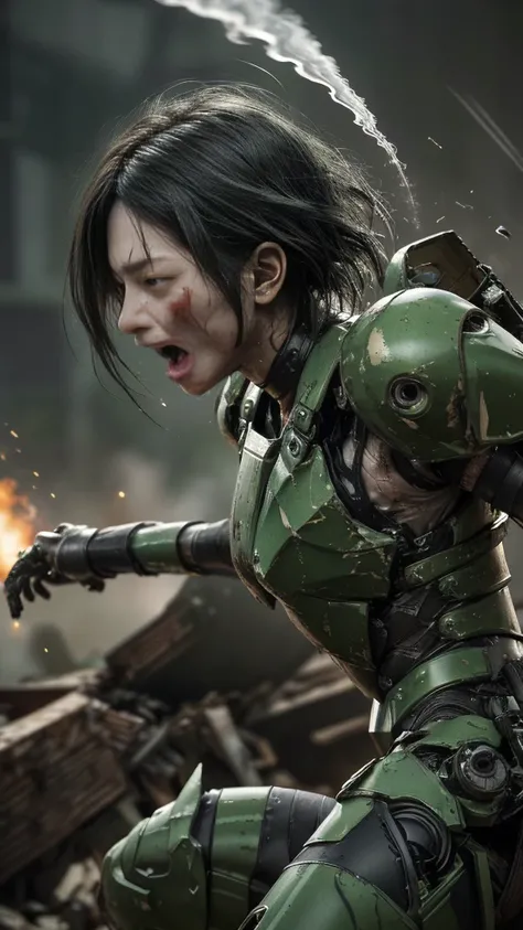 , Advanced Details, high quality, 最high quality, High resolution, 1080P 、Bleeding from the wound、Sexy Eyes、Wearing green and black、cute((The whole body is sweating))(Equipped with a damaged battle suit....)(Dark green armor)(Broken Armor)Black Hair、Chiquit...