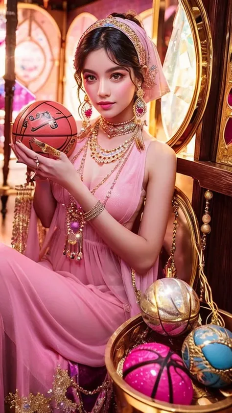 Beautiful gypsy woman tarot card fortune teller、Looking at me through a crystal ball the size of a basketball、Cute pink outfit、looking at the camera、The background is a fortune-telling parlor