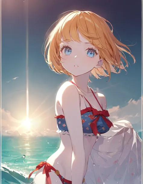 A cute girl in a swimsuit（original bikini swimsuit）(Small body) (Little Girl:1.5), (blonde:1.5）(eyelash:1.2)(eye shadow:1.3) (Blue eyes:1.5), (Beautiful fine details:1.4) (Short Bob Hair:1.4), (Blue eyes)(Big Breasts:1.3) (White skin:1.2)Height: 130cm, ori...