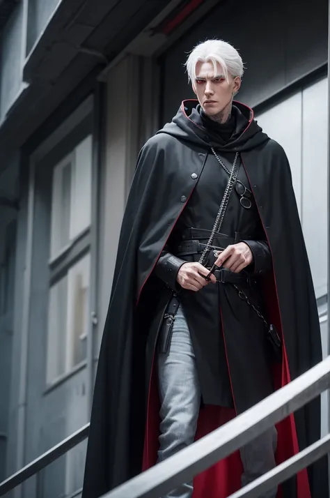 A tall man, good at fighting, a member of a street gang,white hair red eye ,cold and calculist,with a black cloak