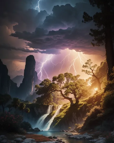 Surrealism, surrealistic, futurist, Surrealism Realm, Sky Surrealism, Celestial Tree, big tree, paisaje, panorama, Sky Heaven, naturey, palmtrees, Cedars, forst, Rivers of water, Thunder Light, Detailed Realistic FullHD Fotorrealism, Majestic, comely, fire...