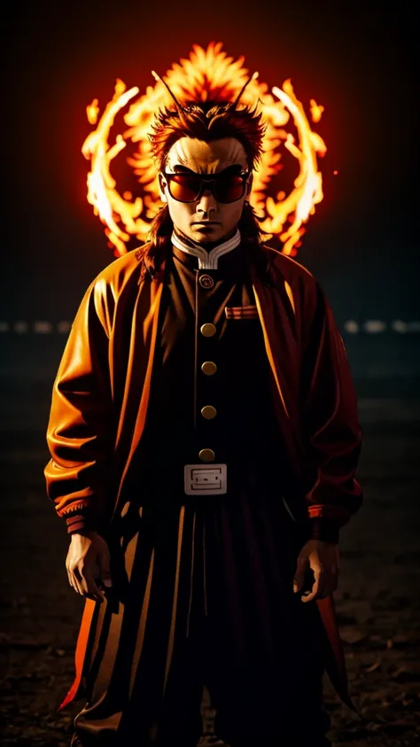 Male, Rengoku clan, wearing pilot goggles and barnstormer jacket with flame design, light stubble on chin, standing at attention, hands in pockets, fully in frame, full body shot, facing viewer, lone figure, sole person, Demon Slayer style