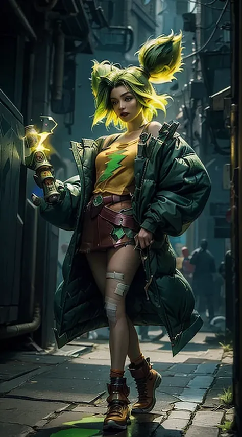 (masterpiece, ultra quality, high resolution, 8k, intricate: 1.2), (zeri, from league of legends:1.6), (wearing dark blue colored puffy jacket down her shoulders, low cut jacket, long sleeves jacket:1.2), (green hair, lime green hair:1.4), (full body pictu...