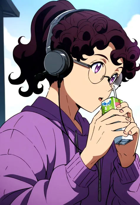 young male, purple sweatshirt, high quality, ponytail hairstyle, curly hair, wearing round glasses, anime style, holding a cute juice box, using headset