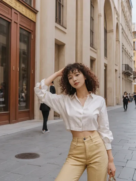 her name is Asako, high quality, 1girl, ((20-year-old fit Caucasian woman)), ((20 years old)), ((slim)), ((Korean Perm)), pose: standing, wearing trendsetting Generation-Z modern wear different colored, BACKGROUND: "In the Plaza Mayor, surrounded by grand ...