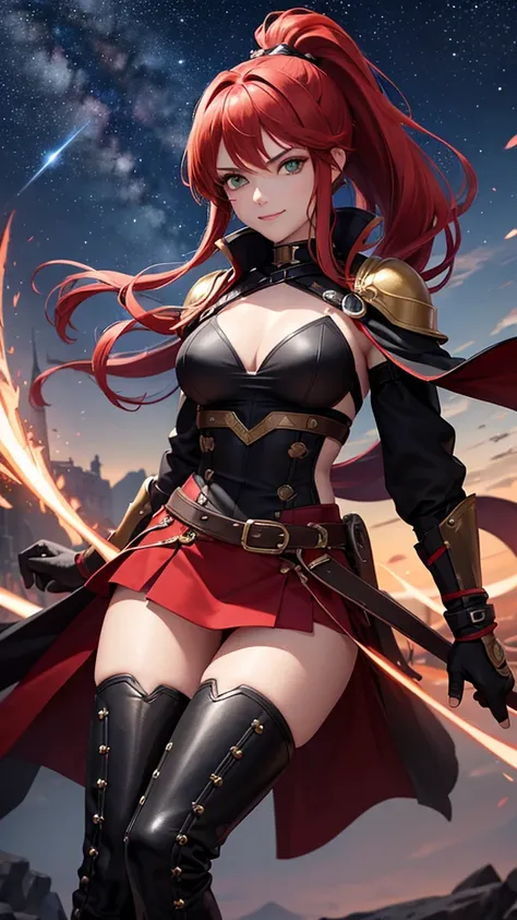 The warrior princess sexs, with green eyes, with red hair tied in a ponytail, seducing smile, wearing a black coat with red details, red lightning bolt emblem on shoulder, long pants, Black boots, looking forward fearlessly and a starry senario, style of a...