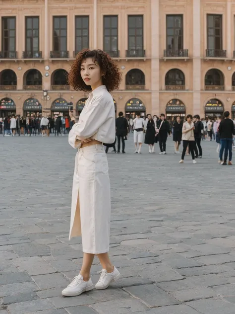 her name is Asako, high quality, 1girl, ((20-year-old fit Caucasian woman)), ((20 years old)), ((slim)), ((Korean Perm)), pose: standing, wearing trendsetting Generation-Z modern wear different colored, BACKGROUND: "In the Plaza Mayor, surrounded by grand ...