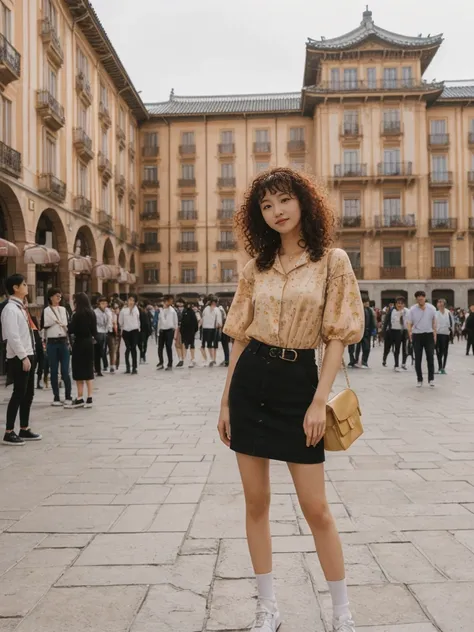 her name is Asako, high quality, 1girl, ((20-year-old fit Caucasian woman)), ((20 years old)), ((slim)), ((Korean Perm)), pose: standing, wearing trendsetting Generation-Z modern wear different colored, BACKGROUND: "In the Plaza Mayor, surrounded by grand ...