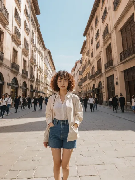 her name is Asako, high quality, 1girl, ((20-year-old fit Caucasian woman)), ((20 years old)), ((slim)), ((Korean Perm)), pose: standing, wearing trendsetting Generation-Z modern wear different colored, BACKGROUND: "In the Plaza Mayor, surrounded by grand ...