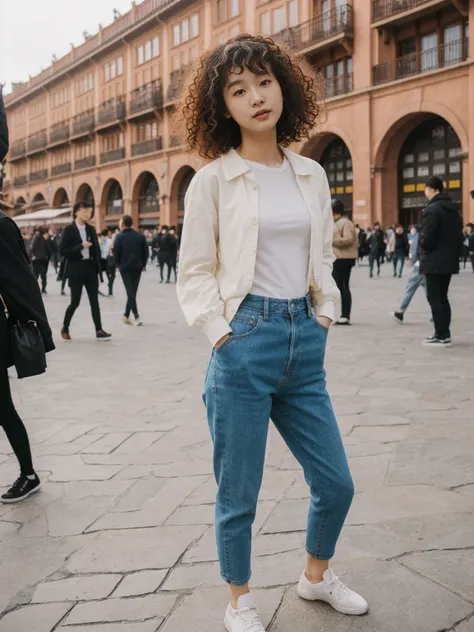 her name is Asako, high quality, 1girl, ((20-year-old fit Caucasian woman)), ((20 years old)), ((slim)), ((Korean Perm)), pose: standing, wearing trendsetting Generation-Z modern wear different colored, BACKGROUND: "In the Plaza Mayor, surrounded by grand ...