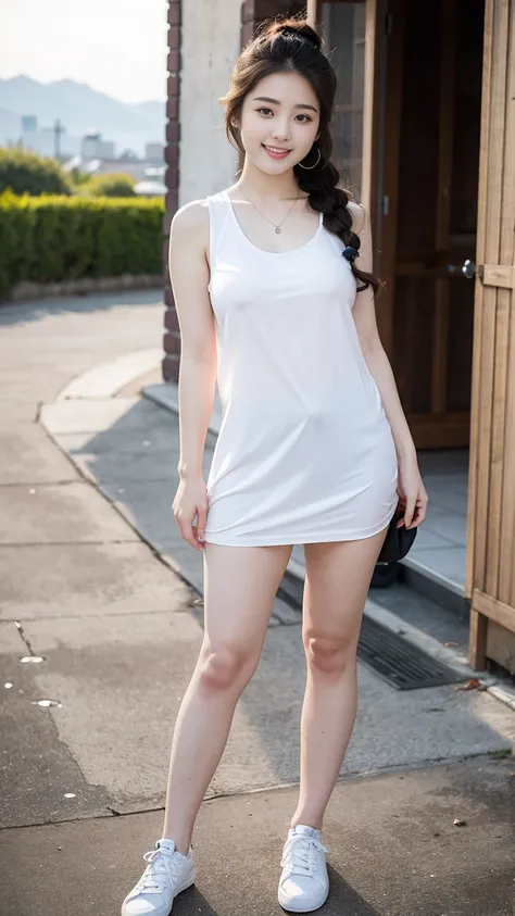 masterpiece, top quality, best quality,1girls,Korean, beautiful face, smile, long hair, 19 years old, Shift Dress, hills,(Casual Hairstyle, plum bossom:1.2),   (Detailed white camisole short vest 1.1),  full body view, sunset,White shoes (huge, saggy breas...