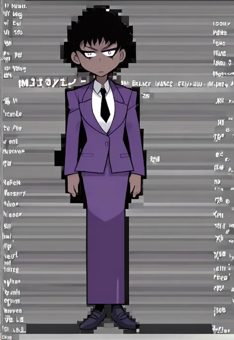 Make a evil military black anime woman in a purple skirt suit witha tie on full body 