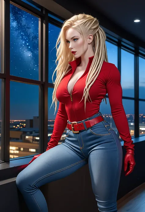 BOMBSHELL BLONDE WOMAN, WARRIOR FEMALE ON BLUE JEANS JUMPSUIT, VERY PALE SKIN, BLUE EYES, HIGH CHEEKBONES, ROSY CHEEKS, MENTAL FORAMEN, HUGE LONG BLONDE HAIR, DREAD HAIRSTYLE, LONG JEANS DREADS ON LONG BLONDE HAIR, THONG LEOTARD, RED LONG SLEEVES SHIRT, JE...