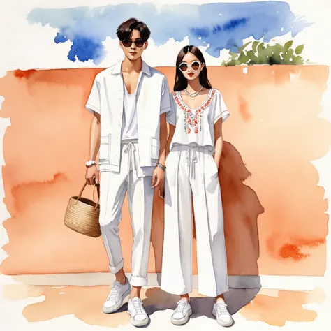 candid fashion illustration of young Asian man and woman, both aged 20 year old, ((showcase fashion look book in a White rayon outfits)), inspired by BACKSTAGE resort collection 2023 in elegant young chic bohemian style. The man wears an oversized short-sl...