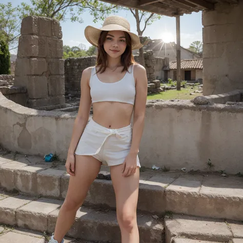 18-year-old girl similar to Chloë Grace Moretz, smiling, waist-length red hair, disheveled and disheveled, wears white fedora hat, white sleeveless blouse, blue miniskirt, tennis shoes, no socks, tight clothing, poses on ruins, probably part of A pre-Hispa...