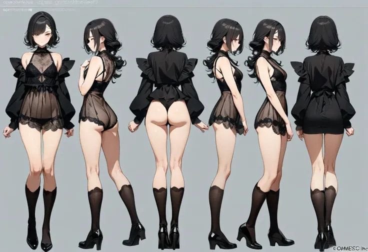 (masterpiece, Highest quality, Highest quality, Official Art, Cosmetology and aesthetics: 1.2), Browsing Caution, Cross-dressing boy with shoulder-length black hair, lingerie,cute, Delicate and short,whole body,Standing boy,three views, Front, back and sid...