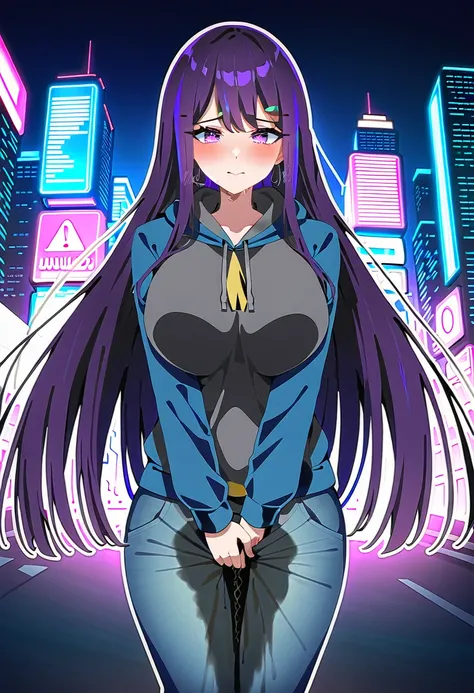 (masterpiece:1.37), best quality, (extremely detailed:1.37), woman, (mature:1.5), (adult:1.5), large breasts, very long hair, (straight hair:1.5), dark purple hair, purple eyes, (extremely detailed eyes:1.37), hoodie, jeans, desperation, (wetting self:2.0)...