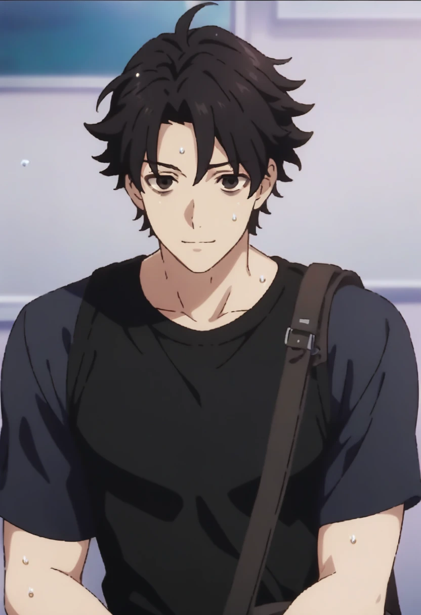 Prompt: 独奏, 1boy handsome, (anime screencap), short messy black hair, looking_at_viewer, simple_background, upper_body, ((///Twitch emoji icon))), bored weak smile, light sweating, (black bags under eyes), half closed redish black eyes, sleepy-look, {{blac...