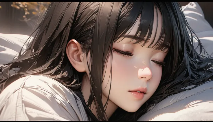 One Woman, , Ultra-high resolution, 超detailed, Highest quality, 8K,((Highest quality)), ((masterpiece)), (detailed)，Face direction(front)，Japanese face，sleeping face，Hair Color(Black Hair，Realistic Hair)