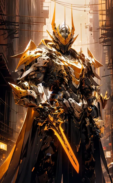 arafed image of a robot with a sword in a city, from arknights, guilty gear strive splash art, gold paladin, style of duelyst, e...