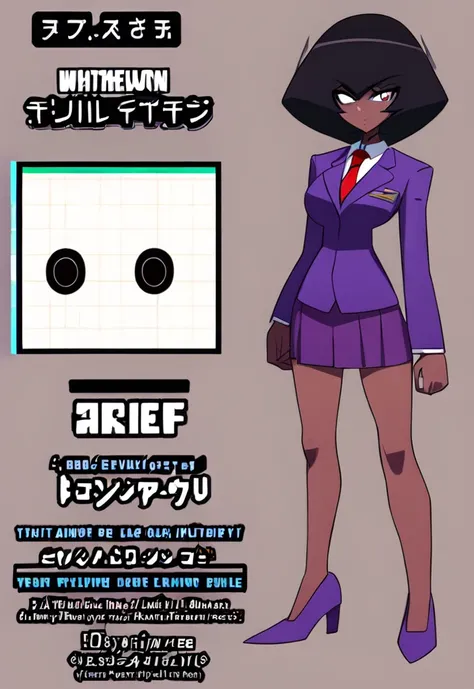 Make a evil military black anime woman in a purple skirt suit witha tie on full body 