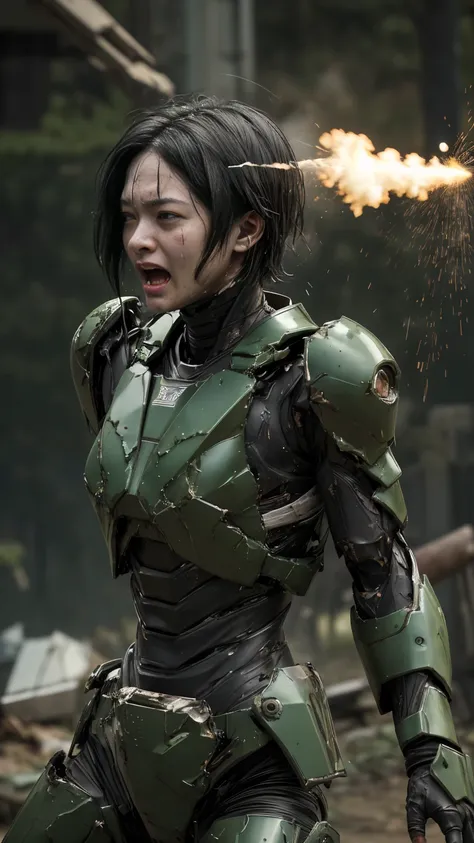 , Advanced Details, high quality, 最high quality, High resolution, 1080P 、Bleeding from the wound、Sexy Eyes、Wearing green and black、cute((The whole body is sweating))(Equipped with a damaged battle suit....)(Dark green armor)(Broken Armor)Black Hair、Chiquit...