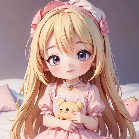  Super Chibi Character：1.8、background：simple、Blonde Hair、Cute 7 year old girl、pink cinderella dress、On the bed、Sleeping with eyes closed