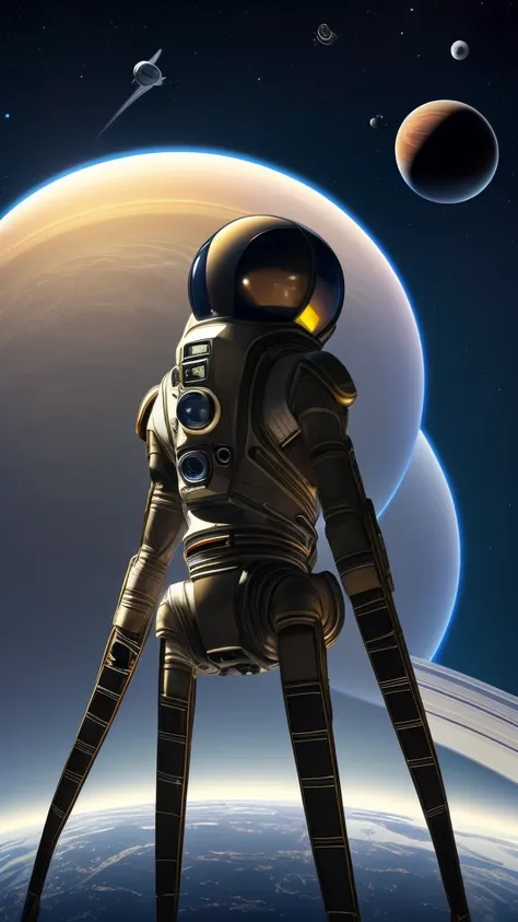 An anthropomorphic spider astronaut with spider legs in his back, looking at earth, on top of a spaceships that looks like Saturn