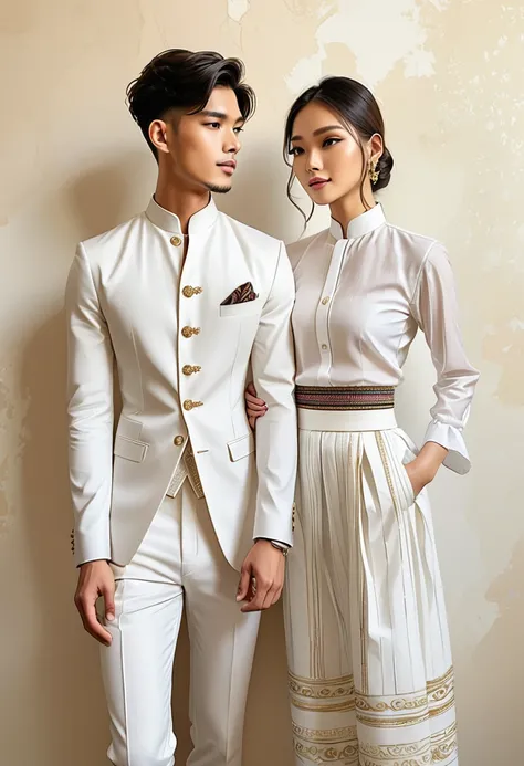 candid fashion illustration of two young man and women, 20-27 year old, adorned in a meticulously crafted north thai traditional...