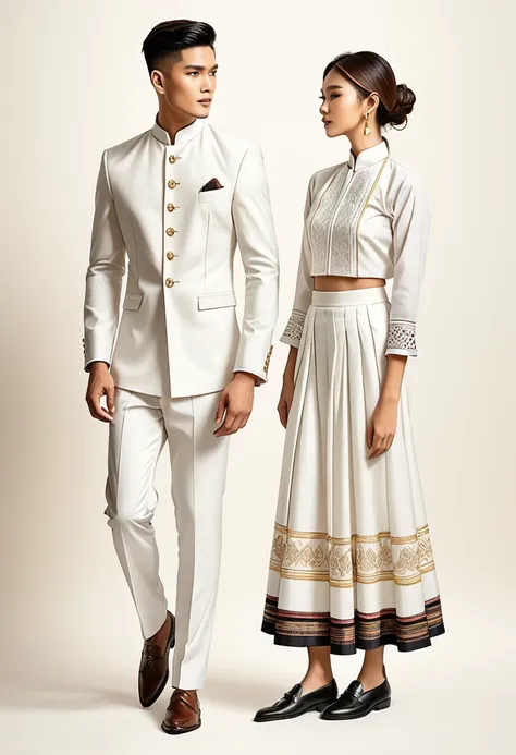 candid fashion illustration of two young man and women, 20-27 year old, adorned in a meticulously crafted north thai traditional...