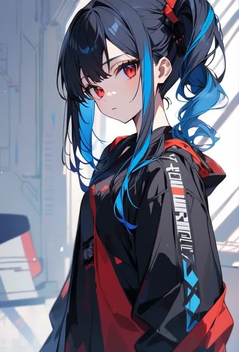 Girl with long hair tied in a black side ponytail with blue tips and red eyes 