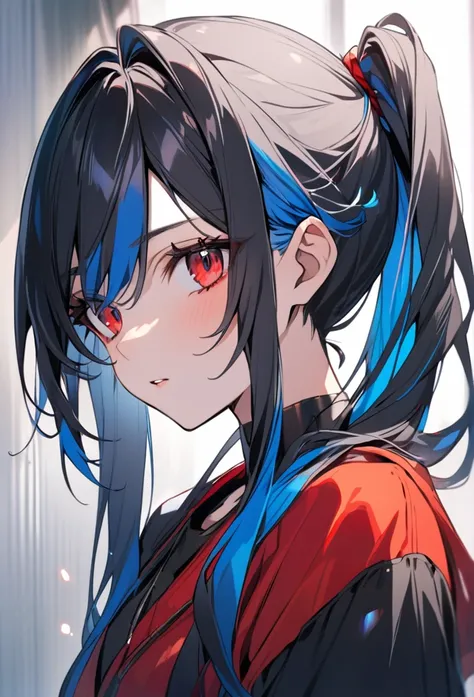 Girl with long hair tied in a black side ponytail with blue tips and red eyes 