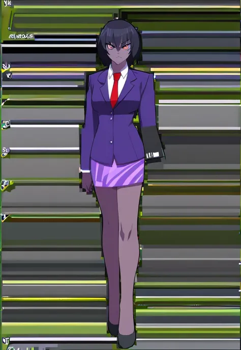 Make a evil military black anime woman in a purple skirt suit witha tie on full body 