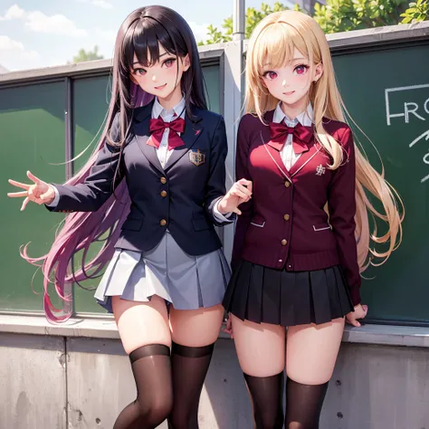 Best Quality，middle School girls，8K，Idol Group，model，smile，Several girls are depicted，Red eyes，Sparkling eyes，cardigan，Purple Uniform， front of the blackboard，beautiful girl，blazer，Beautiful girls，Absurd，Naughty Girls，White mini skirt，tights，Horny girl，Red...