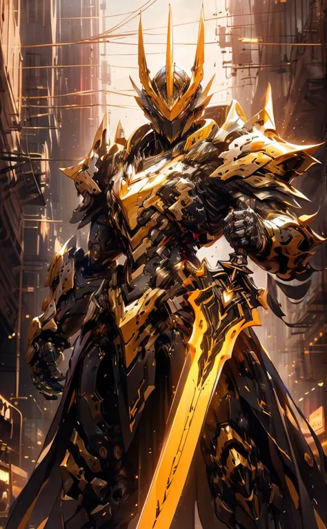 arafed image of a robot with a sword in a city, from arknights, guilty gear strive splash art, gold paladin, style of duelyst, e...