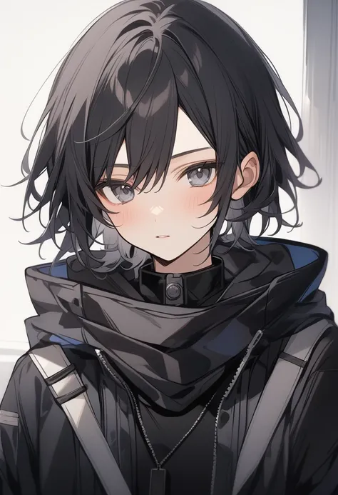 {{1boy cute}}, short messy black hair, half closed grey eyes, Upper-body
