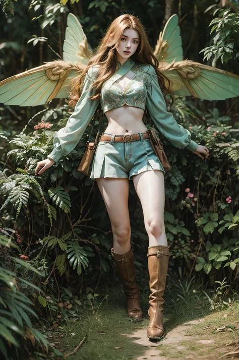 Best Picture Quality, Masterpiece Level, Ultra High Resolution, Realism, Fantasy, fulllength, A Girl, Single, Scatter, wood elf, in forest, midriff, thighs, ginger hair, green eyes, butterfly wings, perfect face, perfect body, wings, perfect breasts, muscl...