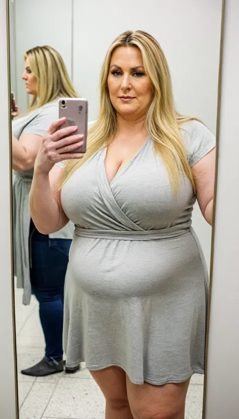 Fat woman, 40 years old white Caucasian woman, taking a mirror selfie inside changing room, MILF, long straight blonde hair, serious, chubby, bbw, casual, winter, cold, cleavage