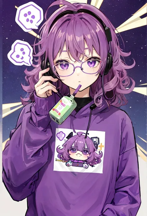 young male, purple sweatshirt, high quality, curly hair, wearing round glasses, anime style, holding a cute juice box, using headset, background galaxy