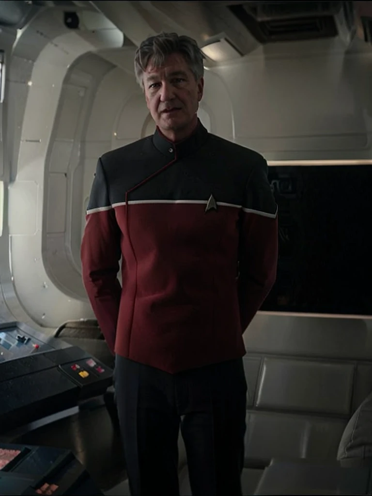 David lynch in red sttldunf uniform,on starship bridge,