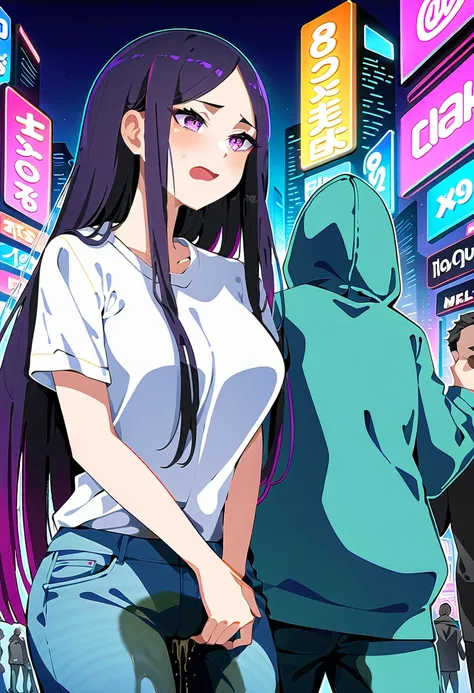 (masterpiece:1.37), best quality, (extremely detailed:1.37), woman, (mature:1.5), (adult:1.5), large breasts, very long hair, (straight hair:1.5), dark purple hair, purple eyes, (extremely detailed eyes:1.37), hoodie, jeans, desperation, (wetting self:1.5)...